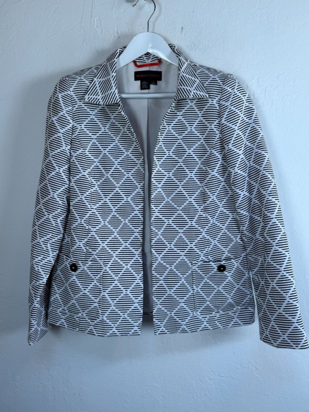 Nina McLemore Womens Black White Geometric Diamond Print Blazer Jacket Sz 6 USA